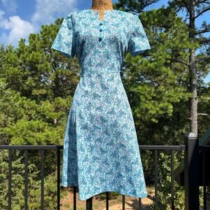 Vintage 60s Baby Blue Floral Poly Knit Day Dress M